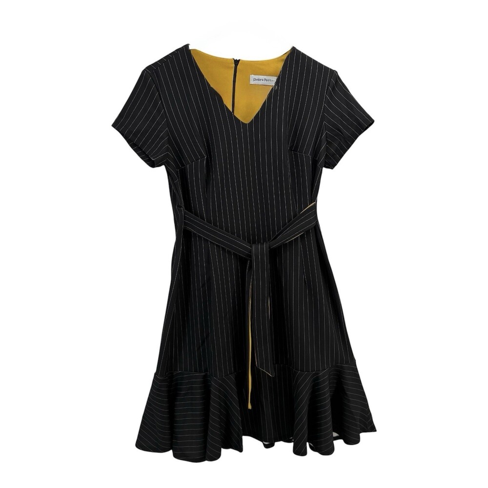 Shelby Palmer NWT Pinstripe A-Line Dress Black Mustard Belted V-Neck Size 6 (L)